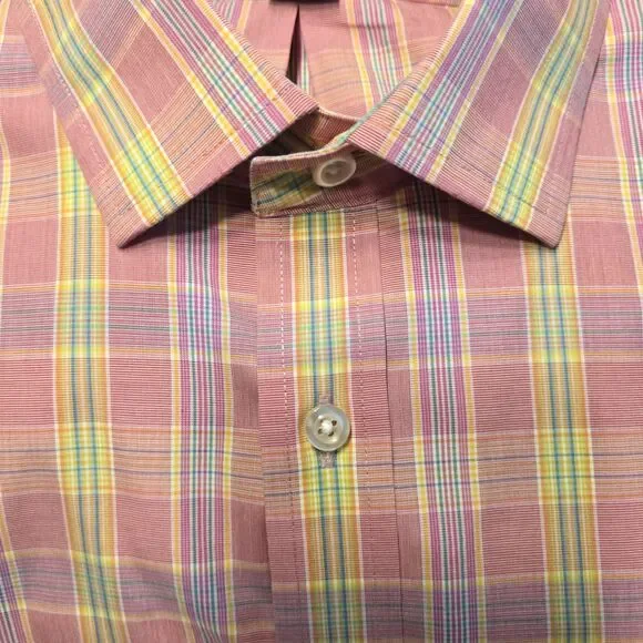 👔 Lands' End No Iron Shirt XL (17-17½)  Pink Yellow Check - Tailored Fit Cotton - Picture 2 of 12